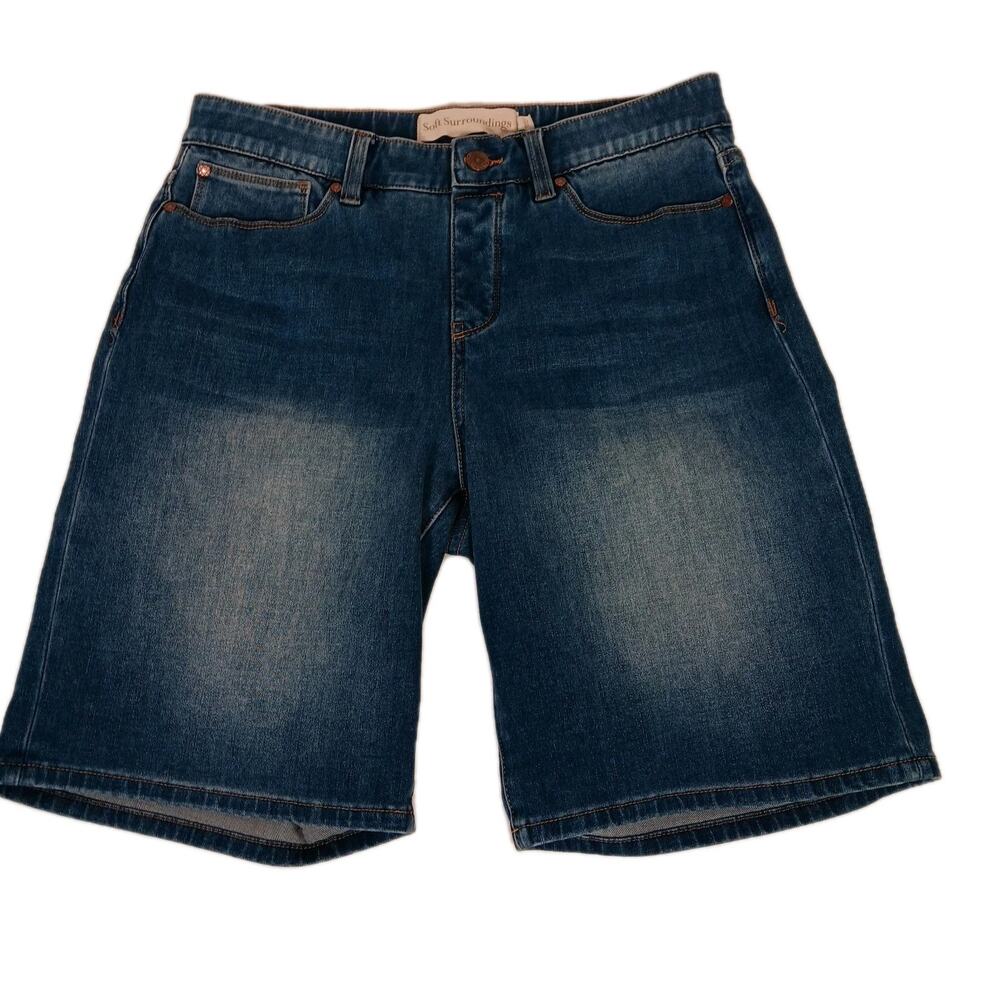 Soft Surroundings Denim Pull Up Shorts Blue Faux Zipper Size Medium 5 pocket